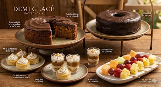 Bolos caseiros, minis tortas e fruits do buffet de café colonial