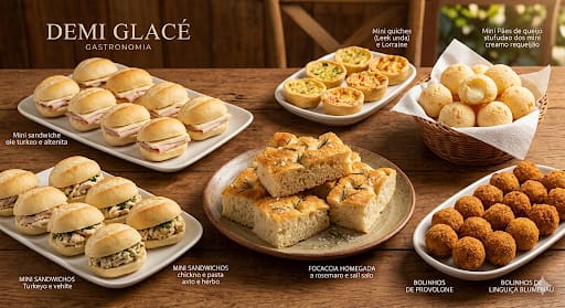 Mini sanduíches, tortas e bolinhos salgados