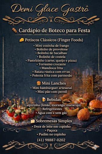 Cardápio de boteco com petiscos, mini lanches e bebidas